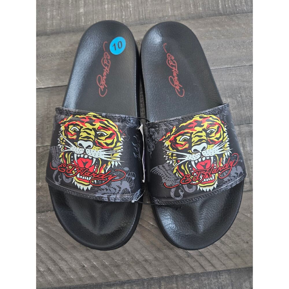 Men's Ed Hardy Sport Sandals, Slides Slip Ons Roaring Tiger, Size 10 Black NWT